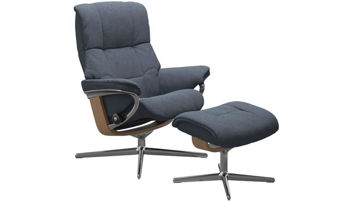 Stressless Mayfair Recliner and Stool with Classic Base in Calido Blue Fabric